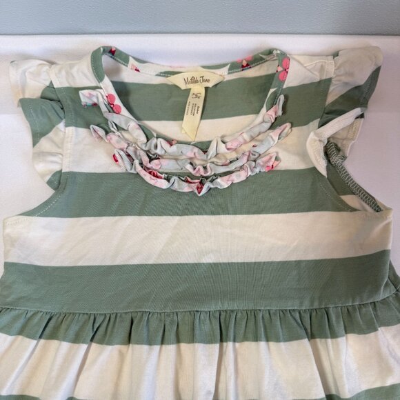 Matilda Jane Girls Striped Dress Size 6 Green/Cream Cap Sleeve Ruffle Collar - Picture 4 of 11